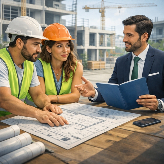 Insurance broker explaining decennial liability insurance to a construction professional on site